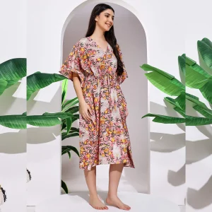 Pink Eagle Print Short Kaftan Women's Cotton Dress - Image 5