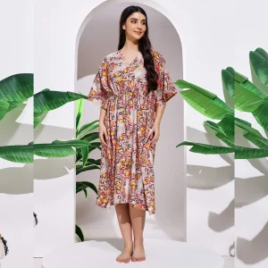 Pink Eagle Print Short Kaftan Women's Cotton Dress - Image 6