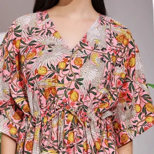 Pink Eagle Print Short Kaftan Women's Cotton Dress - Image 7
