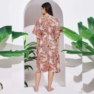 Pink Eagle Print Short Kaftan Women's Cotton Dress - Image 8