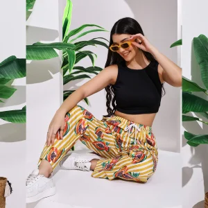 Summer Beach Wear Cotton Trouser Yellow Papaya Print Pant - Image 2
