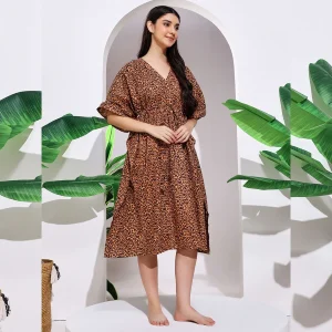 Summer Casual Short Sleeve Sundress Women Brown Panther Print Caftan - Image 5