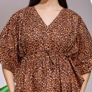 Summer Casual Short Sleeve Sundress Women Brown Panther Print Caftan - Image 7