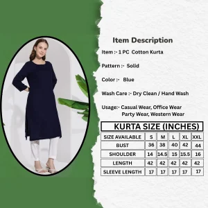 Women Casual Blue Color Cotton Kurta / Kurti - Image 7