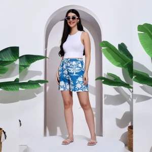 Women Casual Blue Floral Printed Shorts Size S,M,L,XL,2XL - Image 2