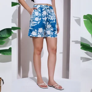 Women Casual Blue Floral Printed Shorts Size S,M,L,XL,2XL - Image 6