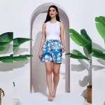 Women Casual Blue Floral Printed Shorts Size S,M,L,XL,2XL