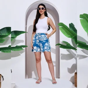 Women Casual Blue Floral Printed Shorts Size S,M,L,XL,2XL - Image 9