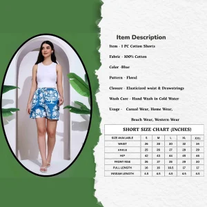 Women Casual Blue Floral Printed Shorts Size S,M,L,XL,2XL - Image 3