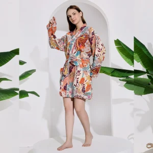 Women Cotton Short Bath Robe Dress Peacock & Elephant Printed Kimono - Image 4