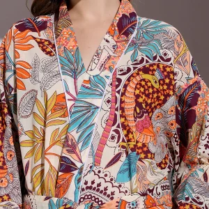 Women Cotton Short Bath Robe Dress Peacock & Elephant Printed Kimono - Image 7