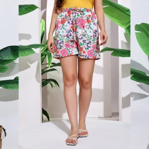 Women Gym Wear Pink Floral Printed Soft Cotton Shorts - Image 4