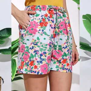 Women Gym Wear Pink Floral Printed Soft Cotton Shorts - Image 7