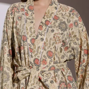 Women's Beige Color Floral Printed Cotton Bath Rode - Image 7