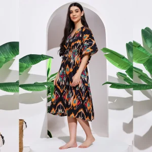 Women's Cotton Caftan Dress Black Ikat Printed Nighty - Image 4