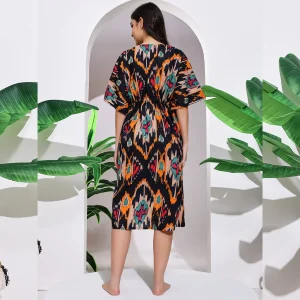 Women's Cotton Caftan Dress Black Ikat Printed Nighty - Image 6