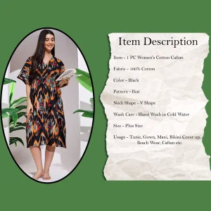 Women's Cotton Caftan Dress Black Ikat Printed Nighty - Image 3