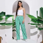 Women's Cotton Pant Green Striped Printed Trousers Size 26-34
