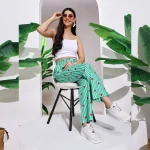 Women's Cotton Pant Green Striped Printed Trousers Size 26-34 - Image 2