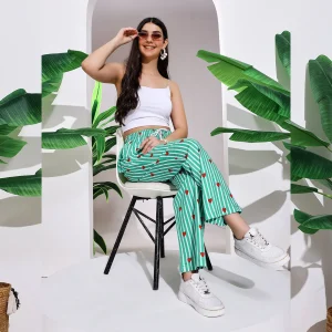 Women's Cotton Pant Green Striped Printed Trousers Size 26-34 - Image 2