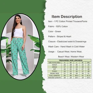 Women's Cotton Pant Green Striped Printed Trousers Size 26-34 - Image 3