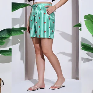 Women's Green Striped & Heart Print Cotton Shorts - Image 5