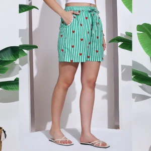 Women's Green Striped & Heart Print Cotton Shorts - Image 6