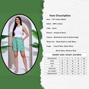 Women's Green Striped & Heart Print Cotton Shorts - Image 3