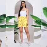 Women's Gym Cotton Shorts Yellow Striped Printed Half Pant