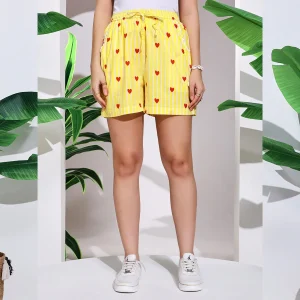 Women's Gym Cotton Shorts Yellow Striped Printed Half Pant - Image 4