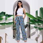 Women's Office Wear Blue Striped & Floral Printed Pants/Palazzo