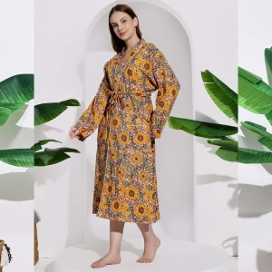 Women's Peach Sunflower Print Cotton Bath Robe Dress - Image 4