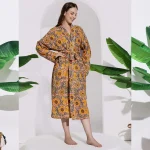 Women's Peach Sunflower Print Cotton Bath Robe Dress - Image 5