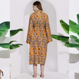 Women's Peach Sunflower Print Cotton Bath Robe Dress - Image 6