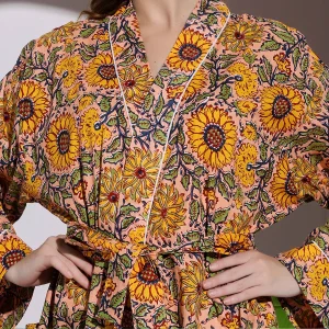 Women's Peach Sunflower Print Cotton Bath Robe Dress - Image 7