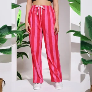 Women's Pink Striped Printed Pant, Loos Trousers - Image 4