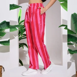 Women's Pink Striped Printed Pant, Loos Trousers - Image 5