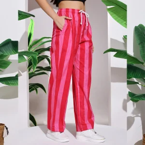 Women's Pink Striped Printed Pant, Loos Trousers - Image 6