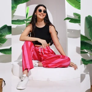 Women's Pink Striped Printed Pant, Loos Trousers - Image 2