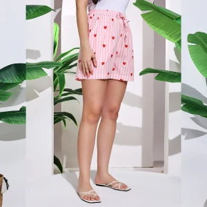 Women’s Pull On Run Around Cotton Beach Shorts Pink Heart Print - Image 6