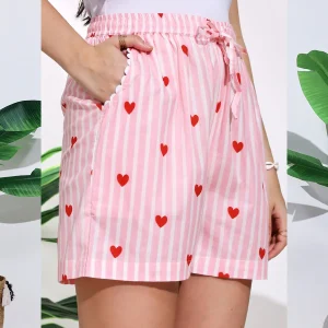 Women’s Pull On Run Around Cotton Beach Shorts Pink Heart Print - Image 7