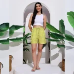 Women's Relaxed Fit Cotton Shorts Green Check Print
