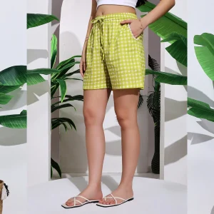 Women's Relaxed Fit Cotton Shorts Green Check Print - Image 5