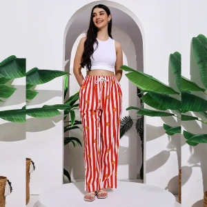 Women's Summer Wear Trousers Red Striped Printed Cotton Palazzo - Image 2