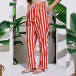 Women's Summer Wear Trousers Red Striped Printed Cotton Palazzo - Image 5