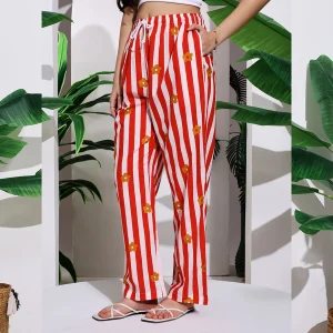 Women's Summer Wear Trousers Red Striped Printed Cotton Palazzo - Image 5