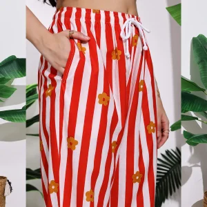 Women's Summer Wear Trousers Red Striped Printed Cotton Palazzo - Image 7