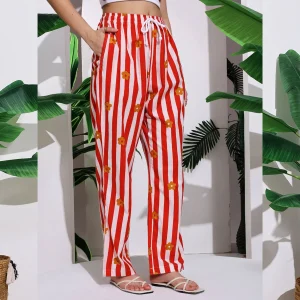 Women's Summer Wear Trousers Red Striped Printed Cotton Palazzo - Image 6