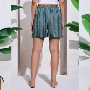 Women's Teal Blue Striped Print Cotton Short Trousers - Image 8