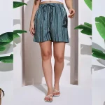 Women's Teal Blue Striped Print Cotton Short Trousers - Image 4